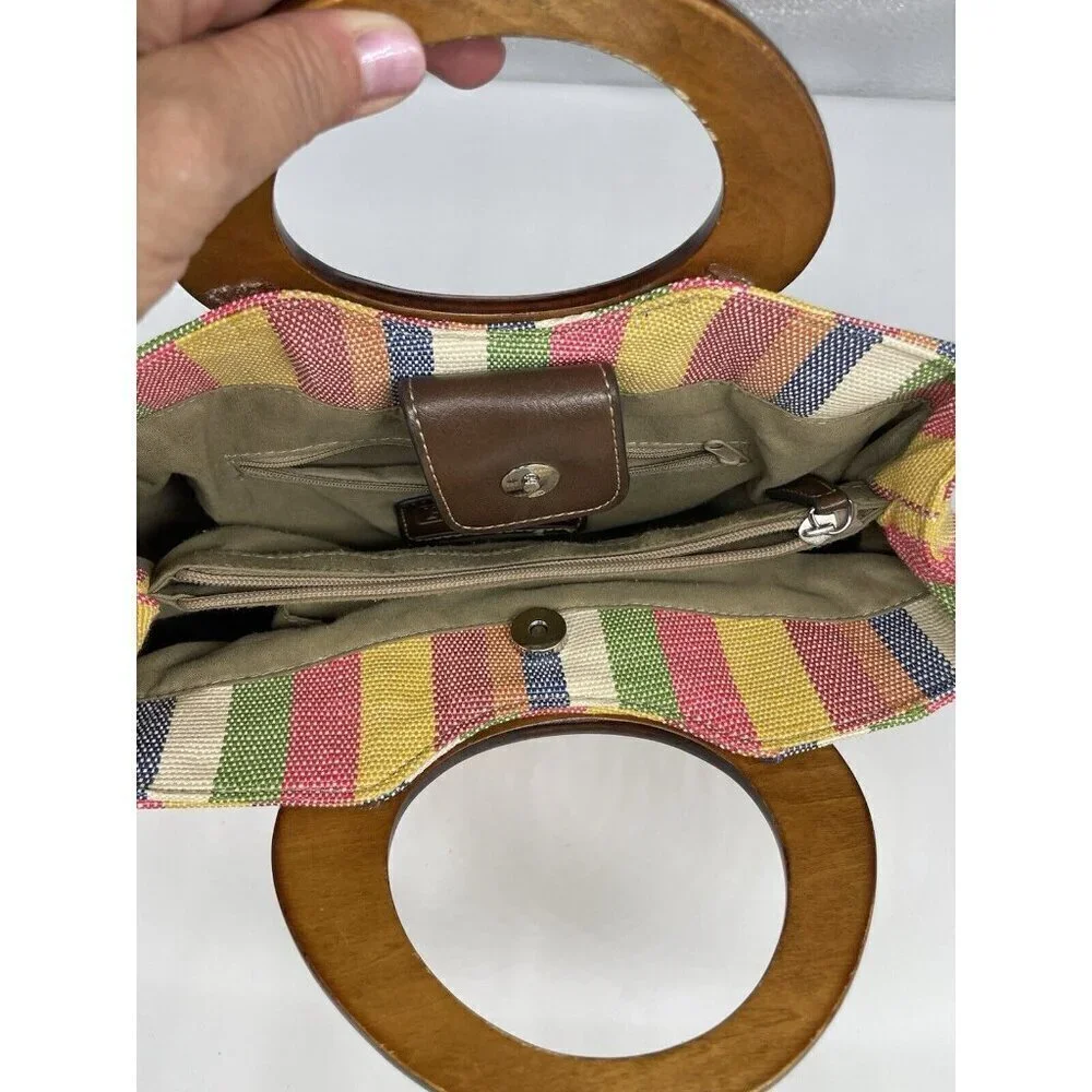 RELIC Wooden Handled Purse Pink, Tan and Orange‎ Stripes Coastal Bohemian Beach